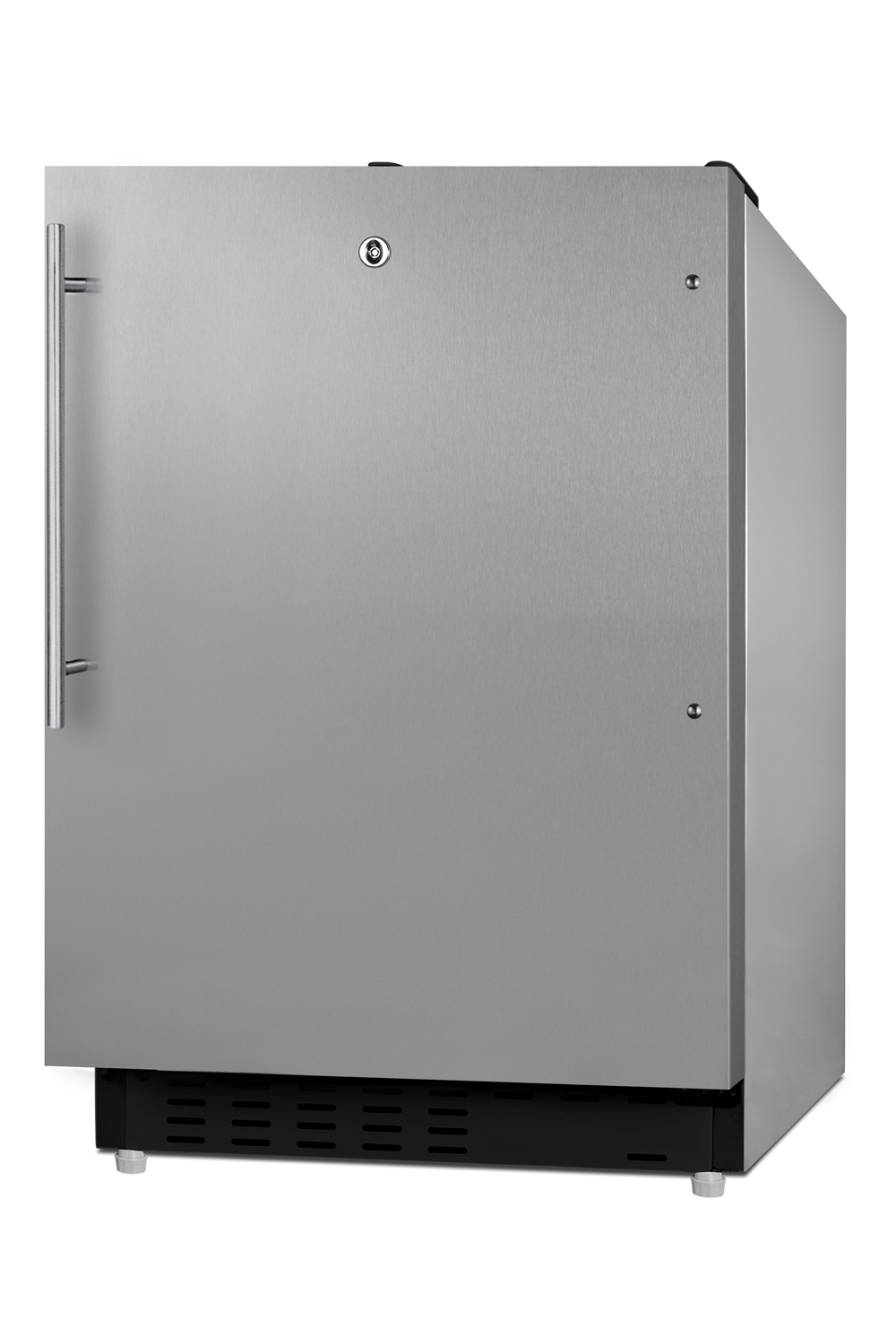 Built-in undercounter ADA compliant refrigerator-freezer with SS cabinet and door with a vertical handle for residential use, manual defrost with glass shelves, front lock, and door storage